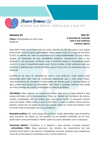Material em PDF do Desafio Romanos 12:2 — Semana 01, Dia 01